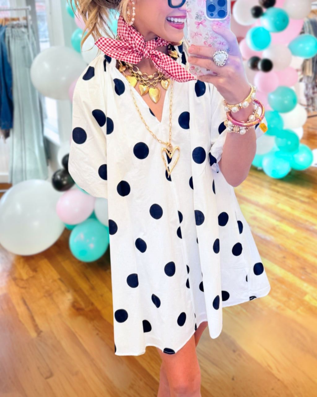 Puff Sleeves Polka-Dot Satin Dress