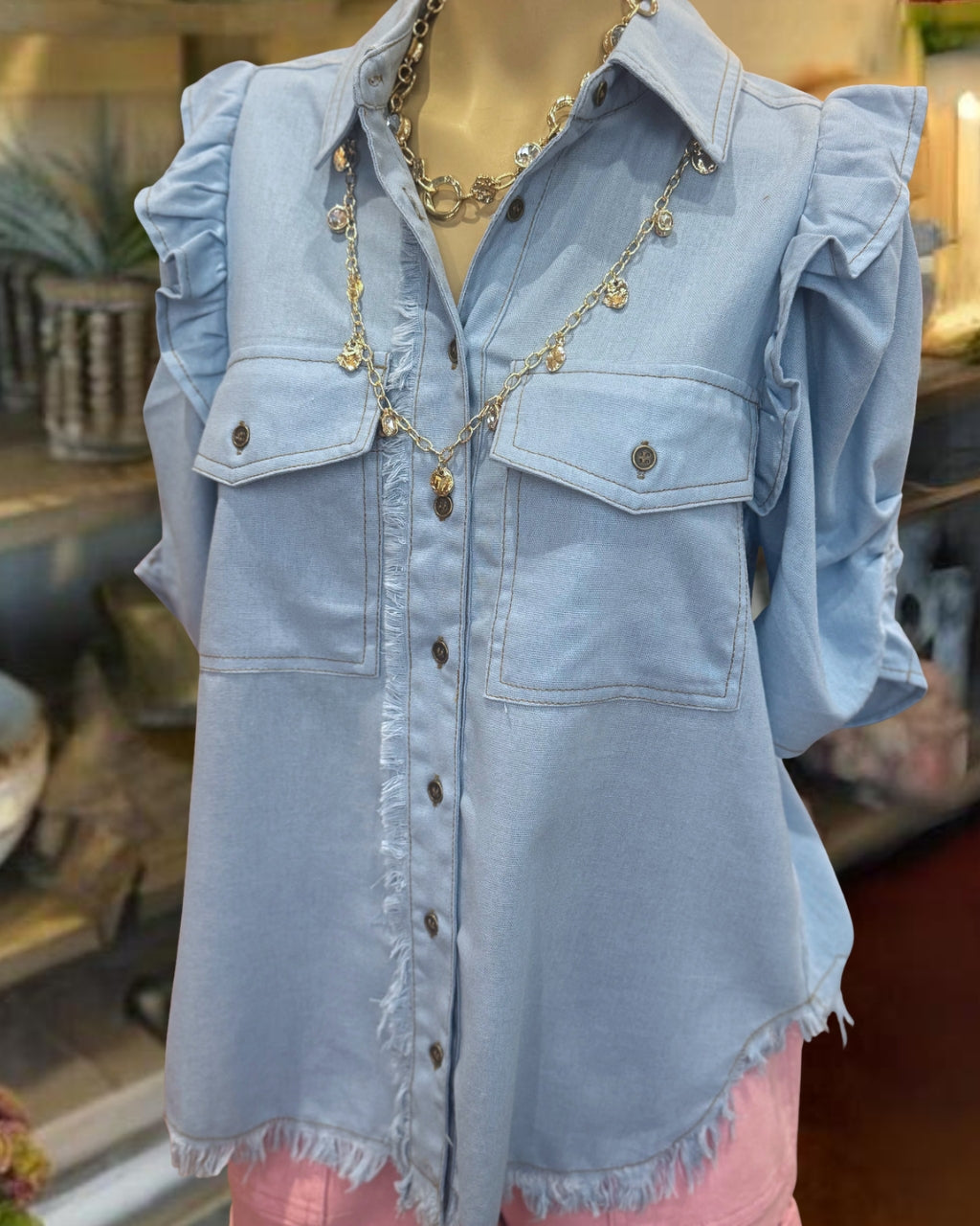 Chic Raw-Edge Denim Shirt