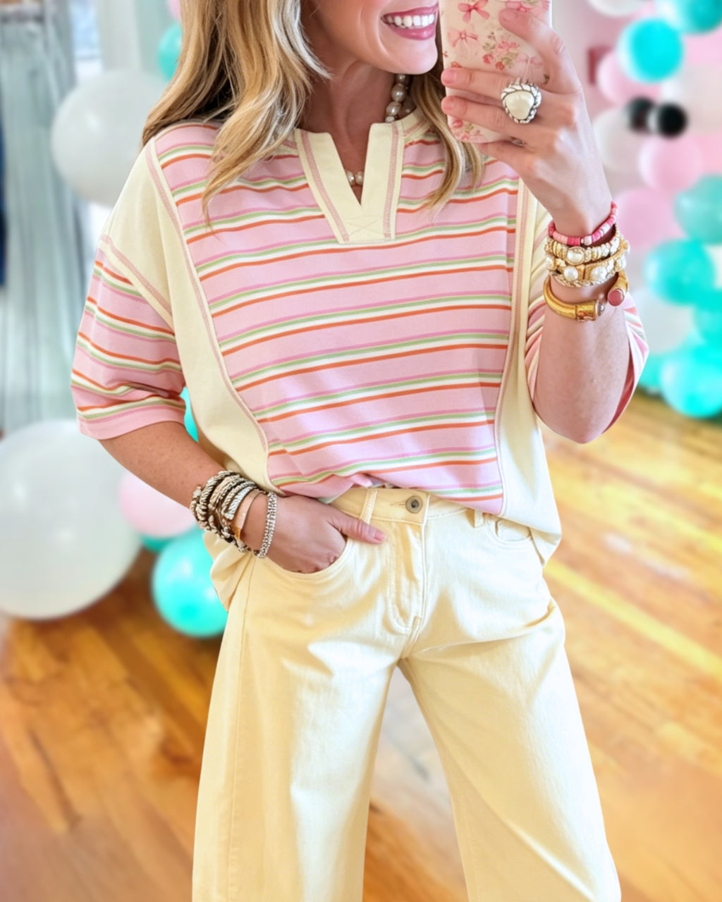 Striped Patchwork V-Neck T-Shirt