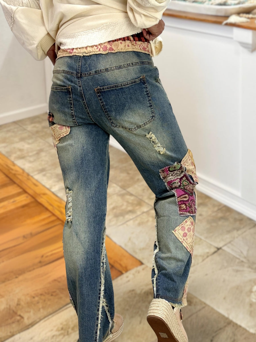 Floral Plaid Patch Jeans