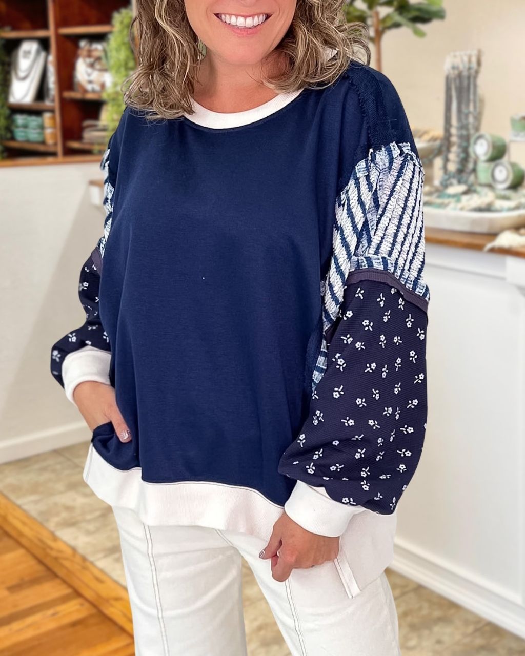 Patchwork Puff Sleeve Printed Pullover