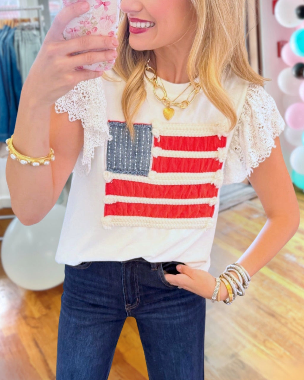 Flag Lace Patchwork T-shirt