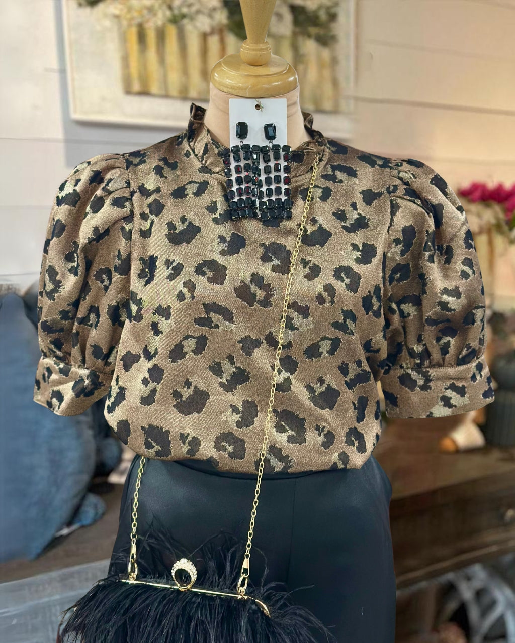 Leopard Puff-Sleeve Satin Top