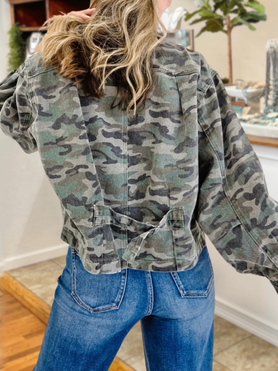 Camouflage Lace Distressed Washed Jacket