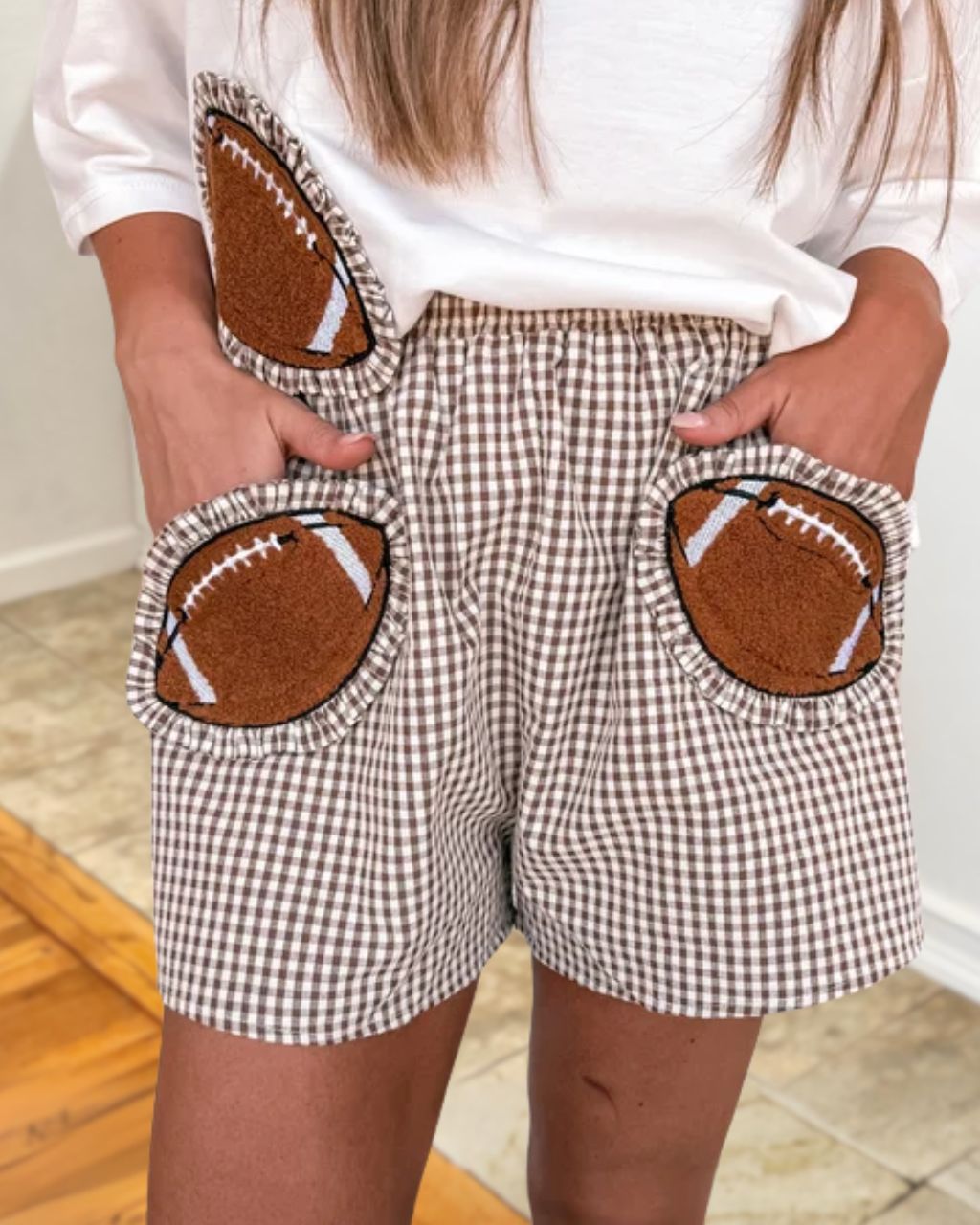 Football-Embroidered Pocket Plaid Shorts