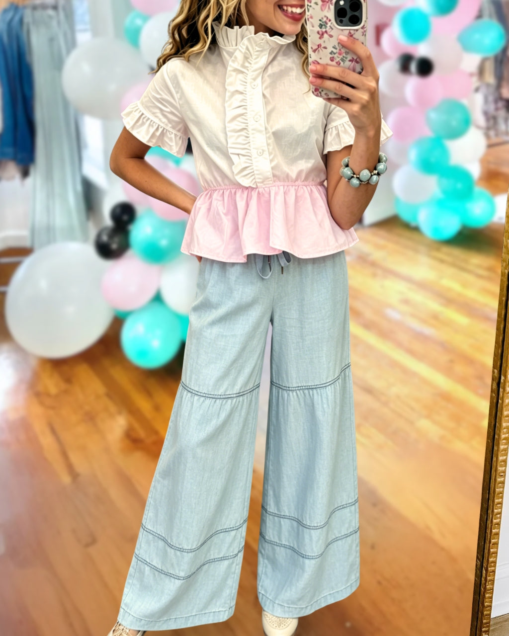 Drawstring Wide-Leg Denim Pants