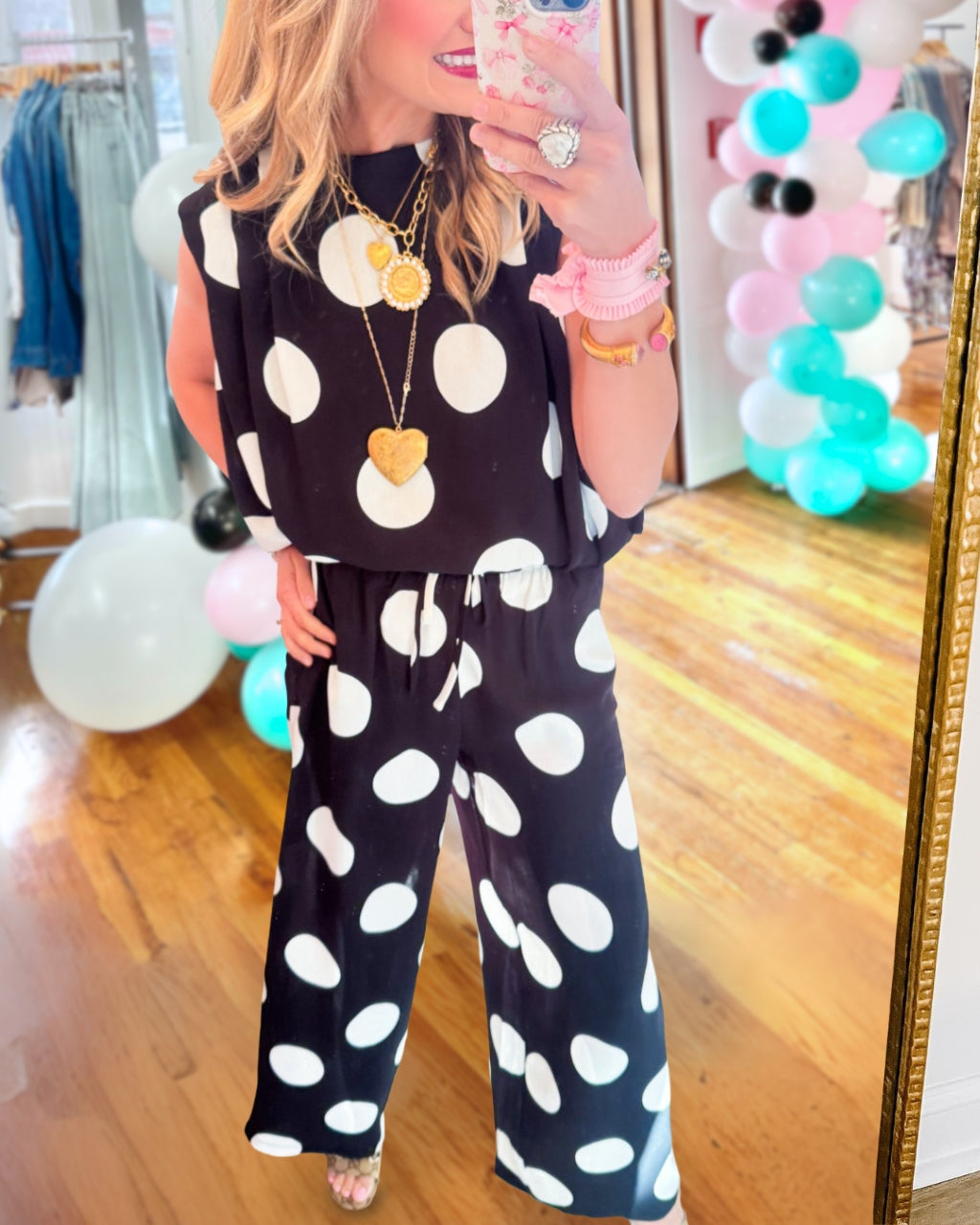 Casual Polka Dot Sleeveless Satin Set
