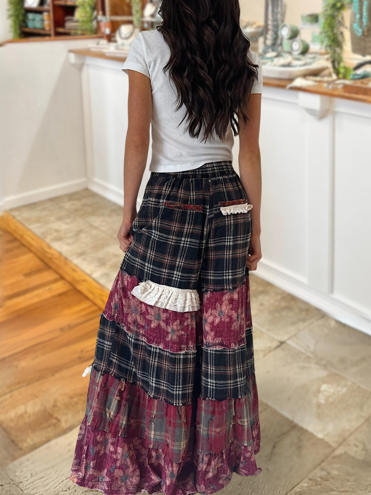 Floral Plaid Patchwork Ruffled Pants