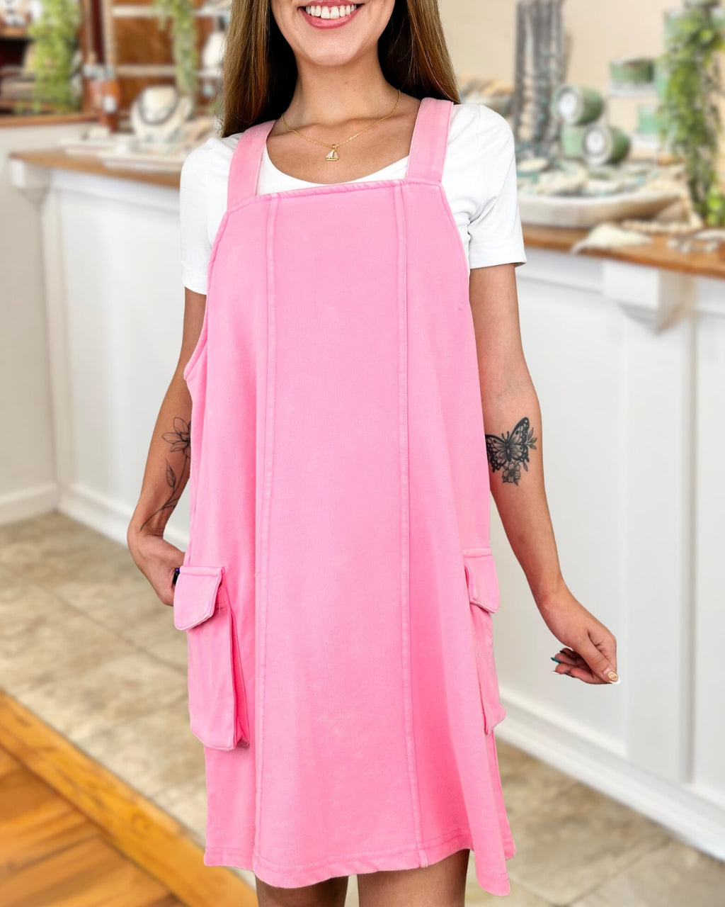 Simple Washed Distressed Overalls Dress