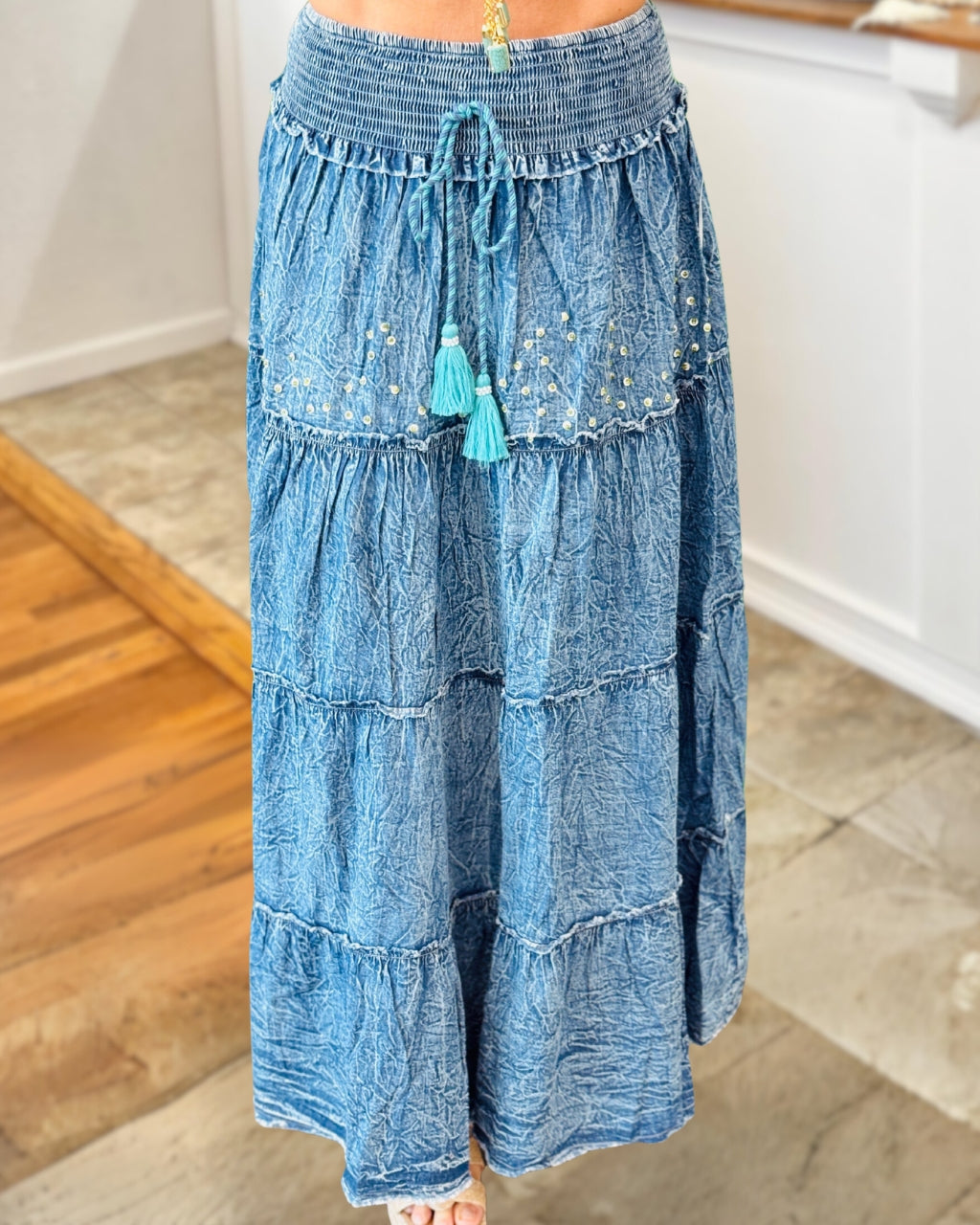 Rhinestone Washed Distressed Denim Skirt