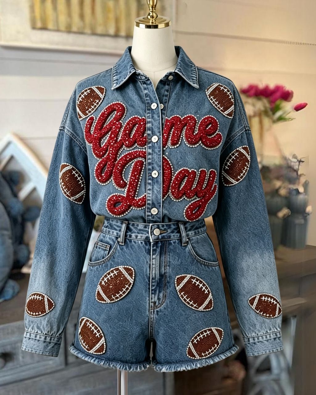 Football Sequined Denim Shorts