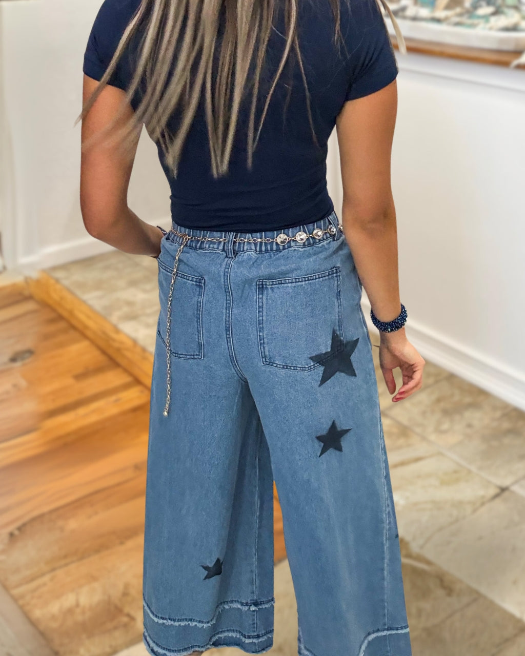 Star-Print Wide-Leg Denim Pants