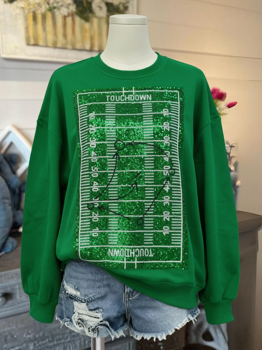 TOUCHDOWN Sequin Gameday Football Field Pullover
