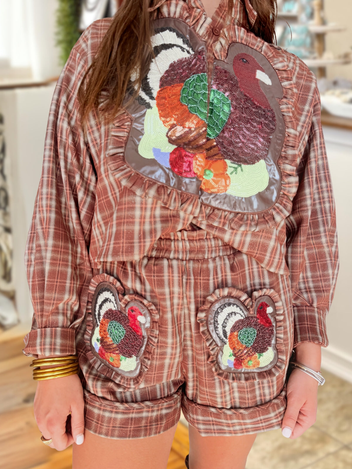 Brushed Plaid Sequin Turkey Shorts