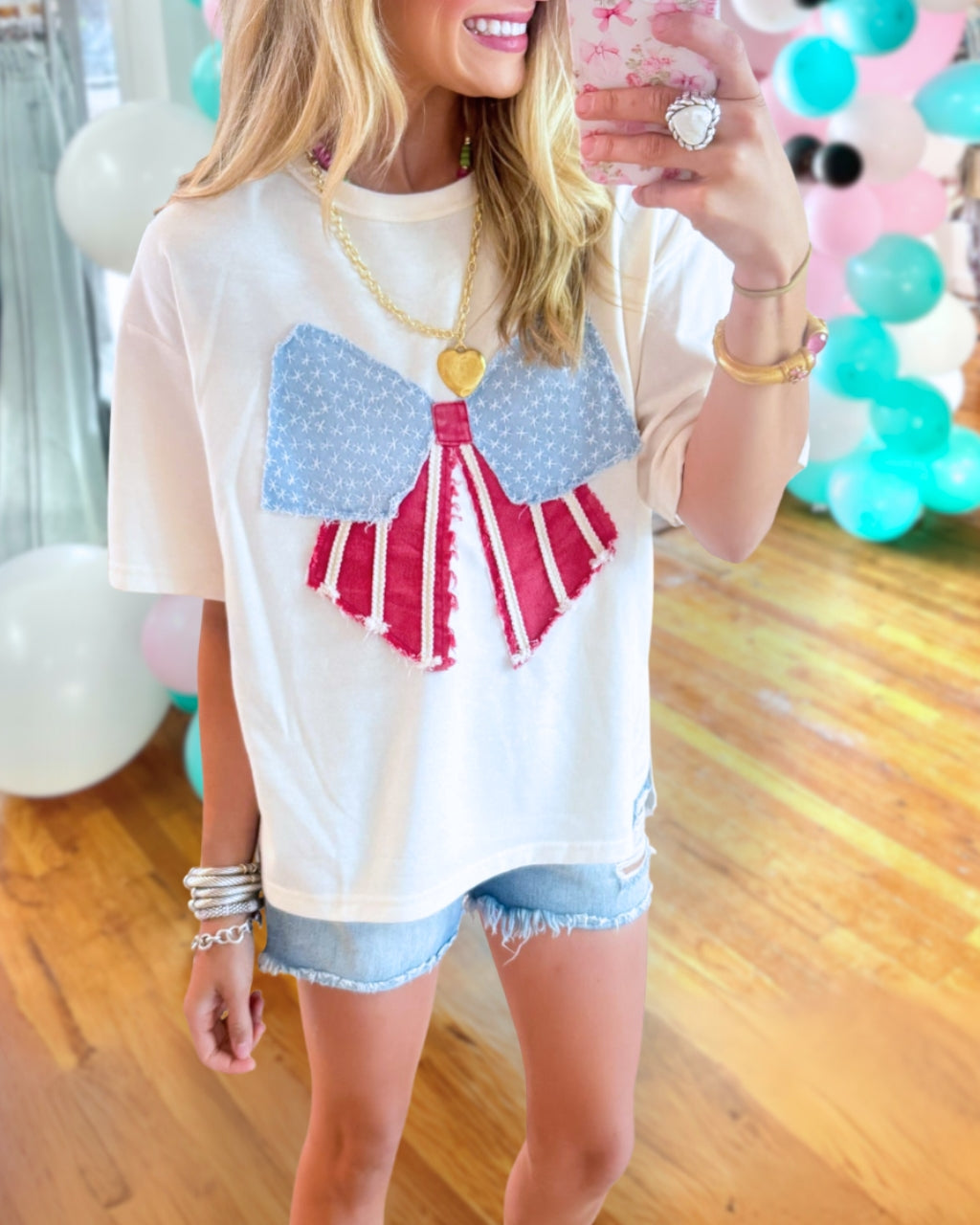 Flag Bow Patch Embroidered T-shirt
