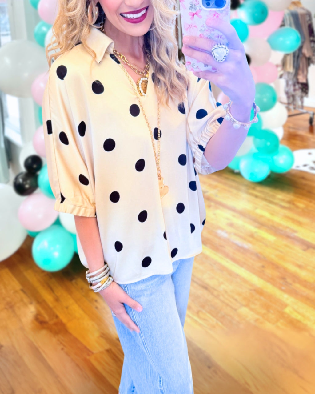 Polka Dot V-Neck Satin Top