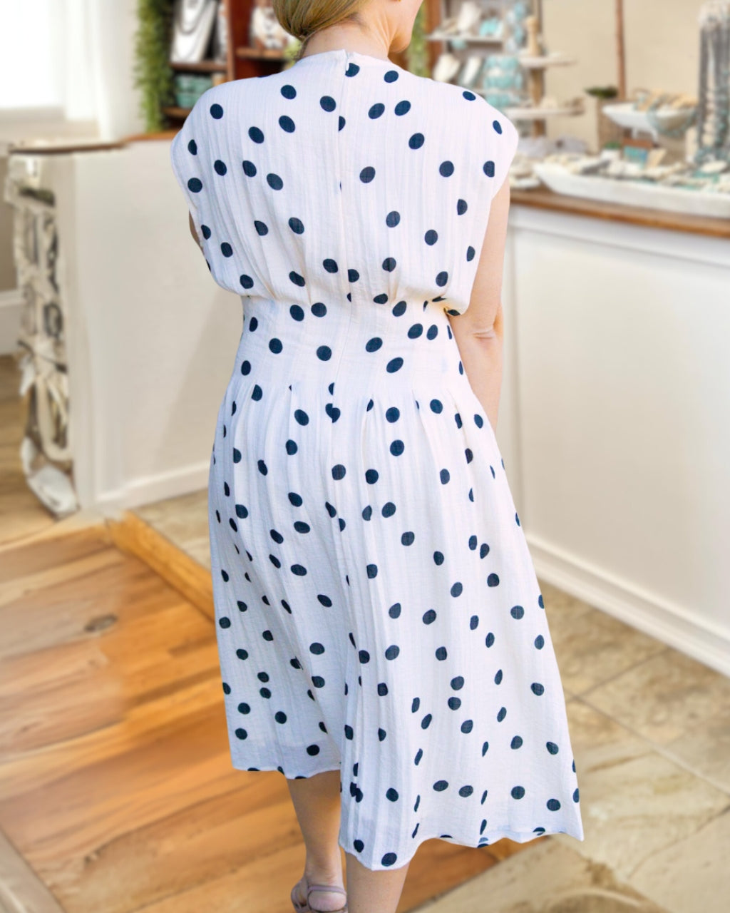 Polka Dot Pleated Linen Dress