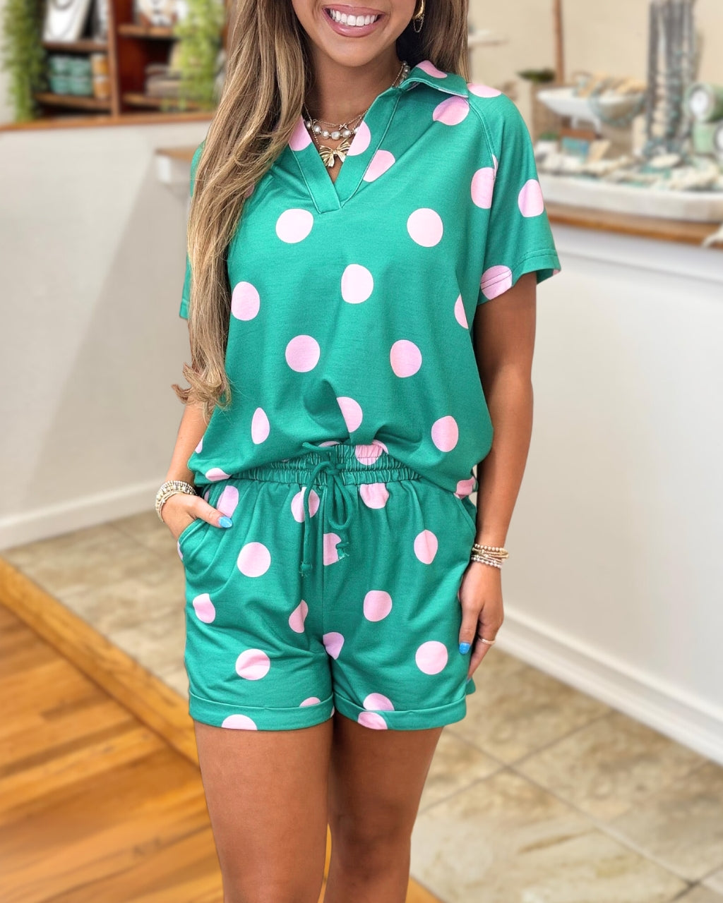 Color-blocked Polka Dot Shorts Set