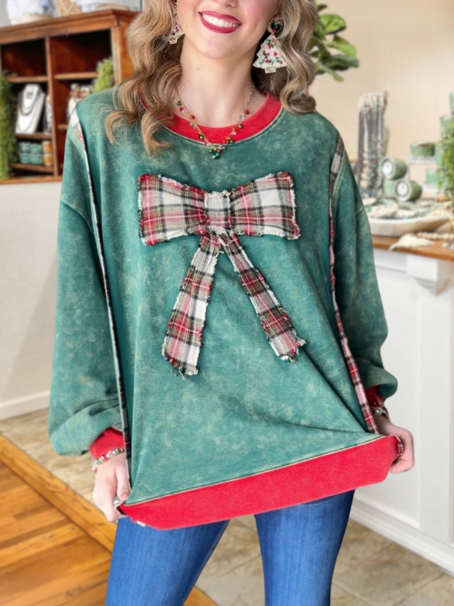 Bow-Tie Washed Distressed Patch Pullover