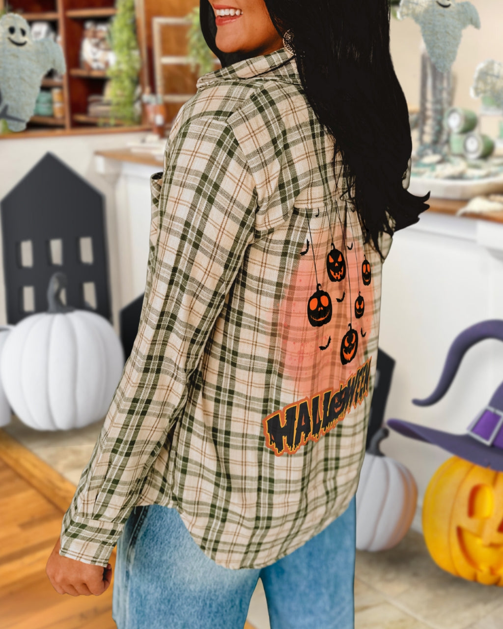 Whimsical Halloween Pumpkin Graphic Plaid Shirt