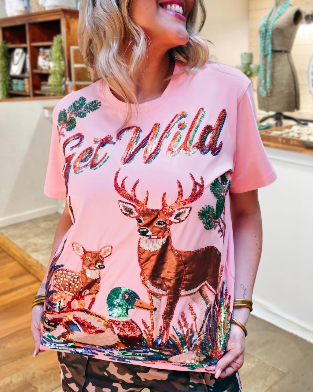 Get Wild Deer Mallard Sequin T-Shirt