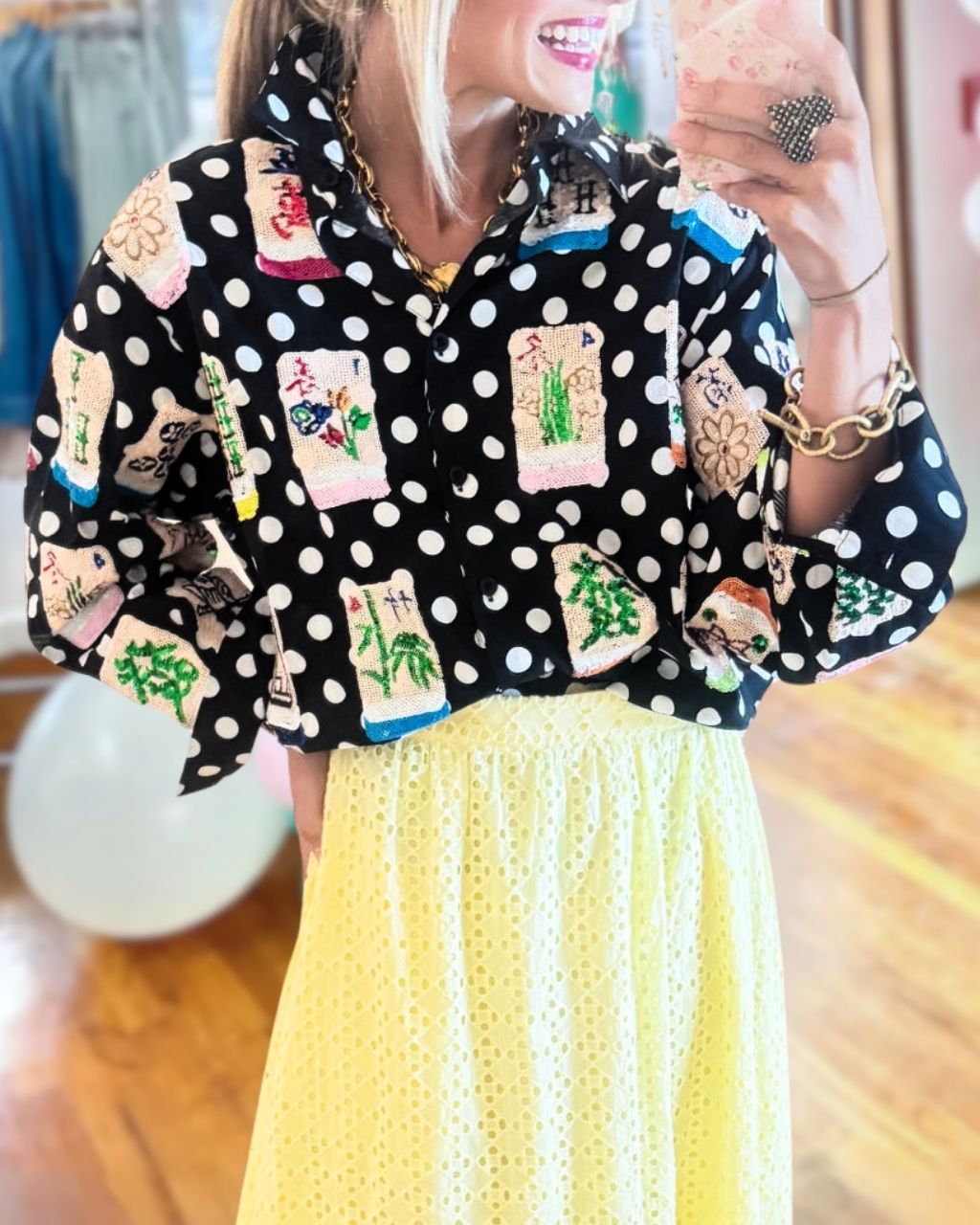 Mahjong Sequined Polka-dot Satin Shirt