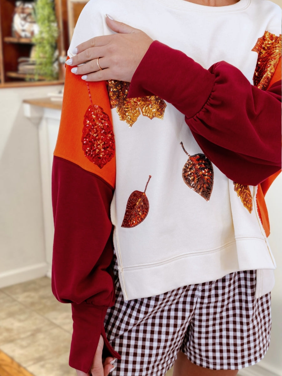 Autumn Leaf Color Block Sequin Pullover
