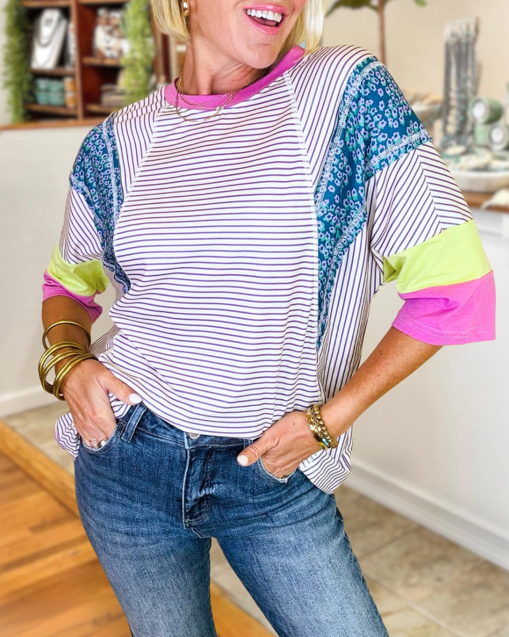 Floral Stripe Color Block Top