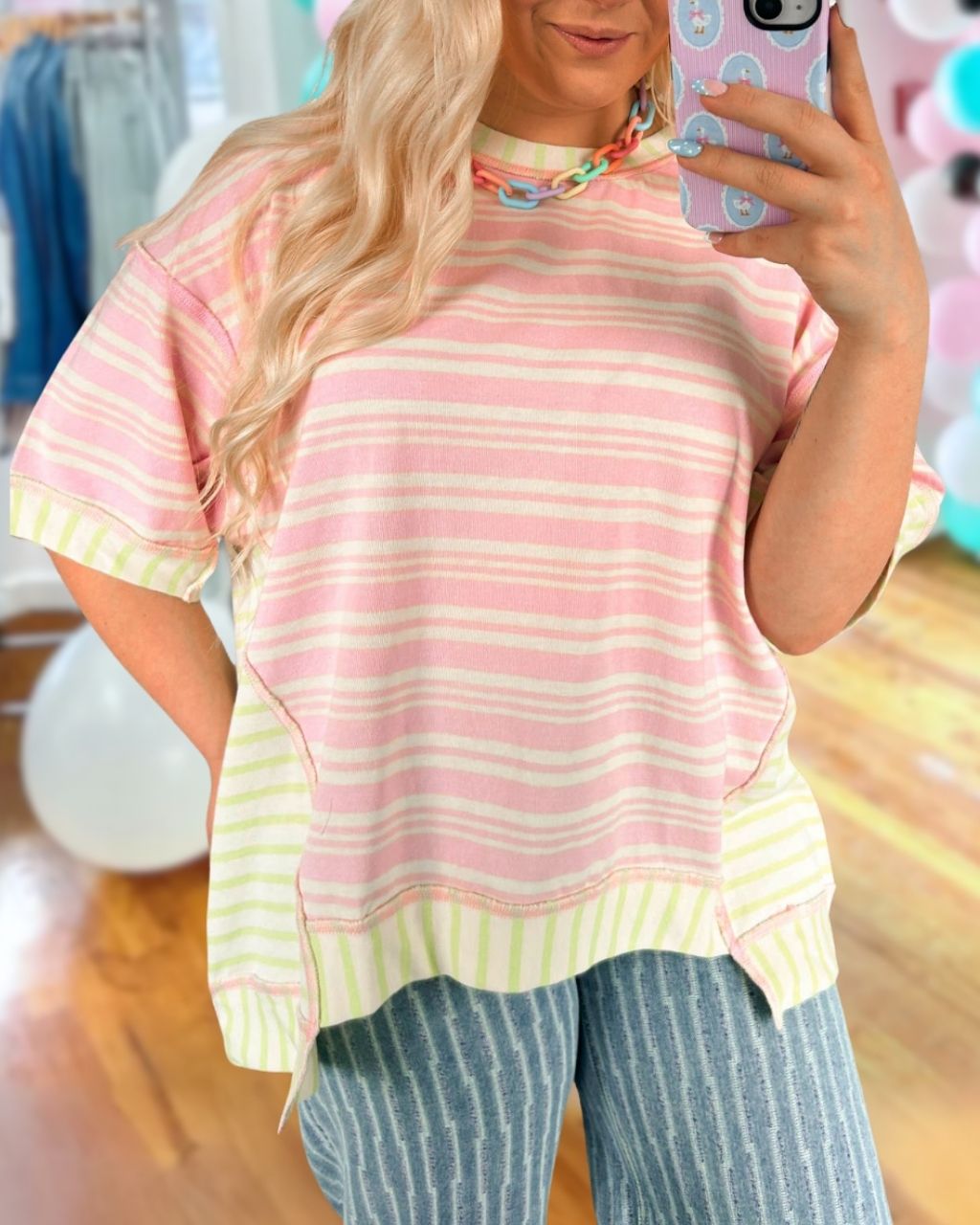Color-blocked Striped Loose T-shirt