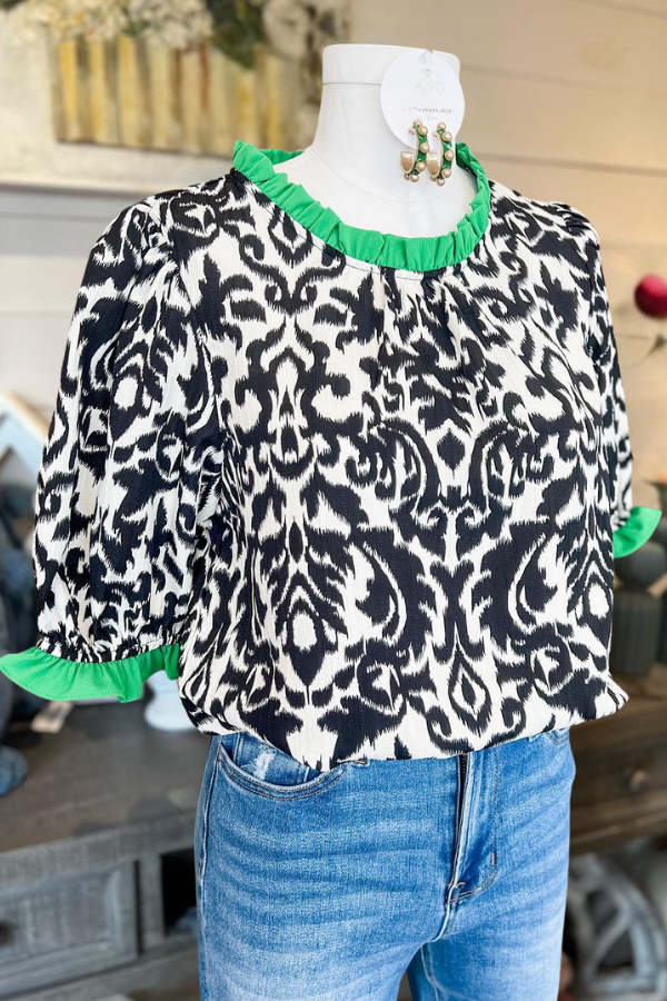 Black Abstract Ruffled Blouse