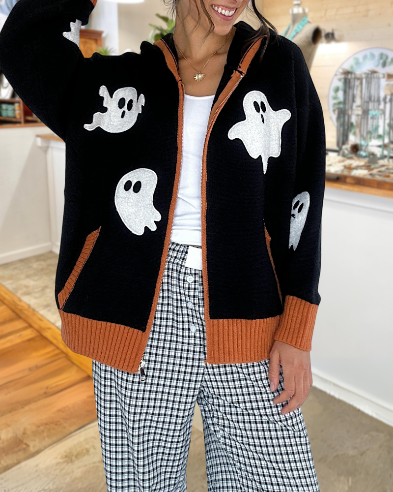 Trendy Ghost Patterned Zip Hoodie