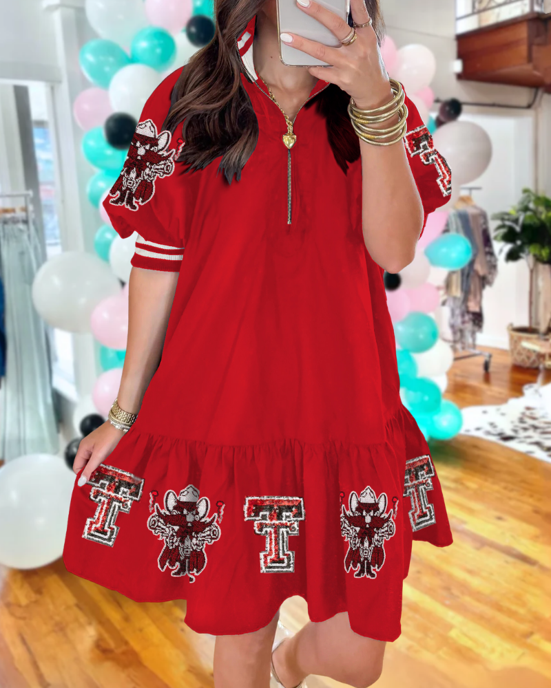 Texas Tech Mascot Sequined Half-Zip Dress