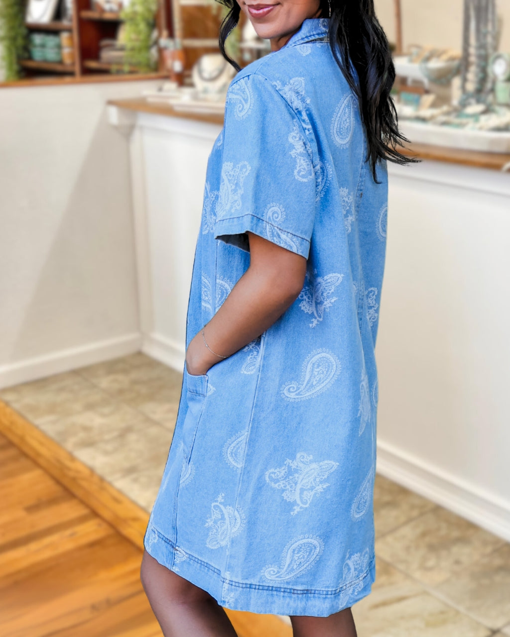 Paisley-Patterned Denim Dress