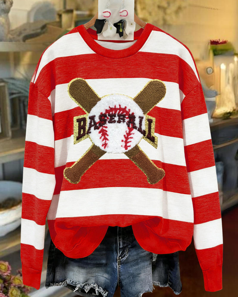 Baseball Embroidered Striped Sweatshirt