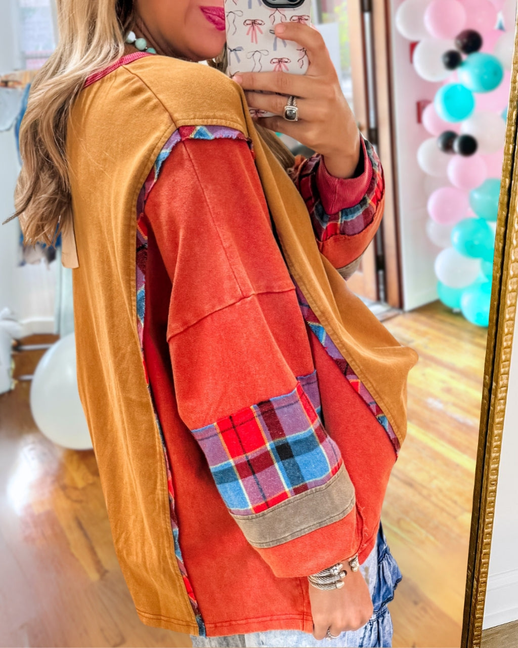 Mixed Plaid Patch Henley Pullover