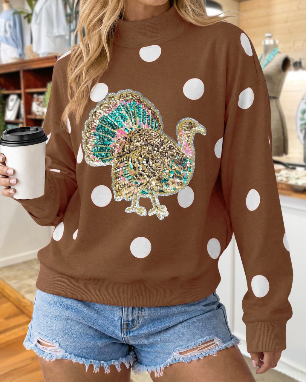 Sparkly Turkey Sequin Polka-Dot Pullover