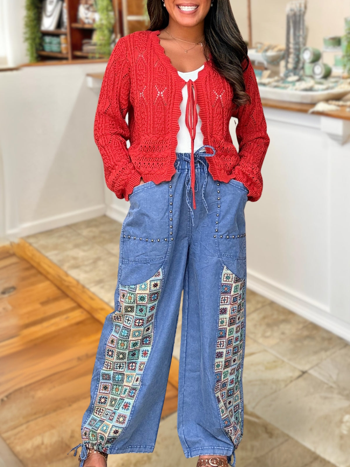 BOHO Mosaic Patchwork Studded Denim Pants