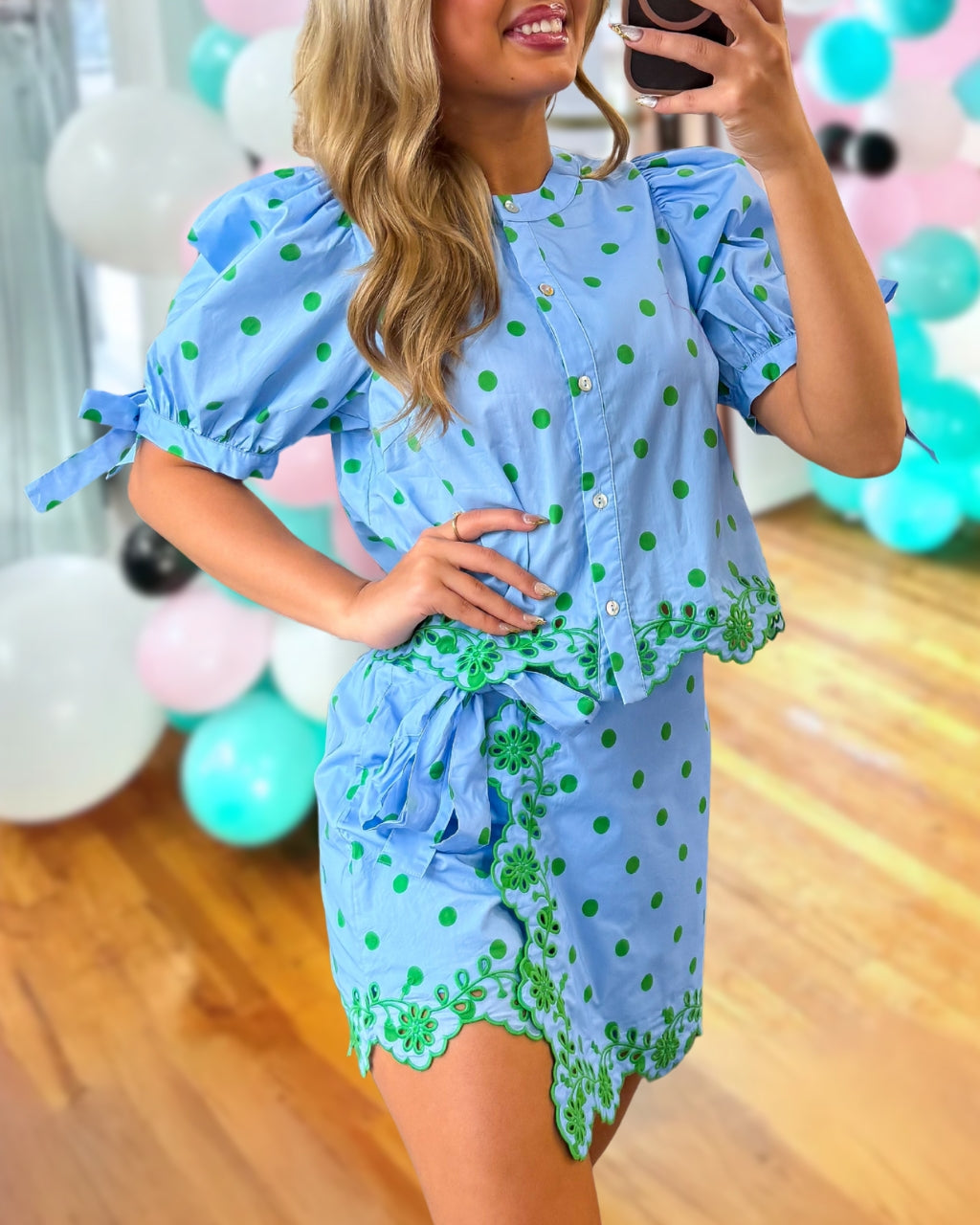 Polka Dot Embroidered Trim Top