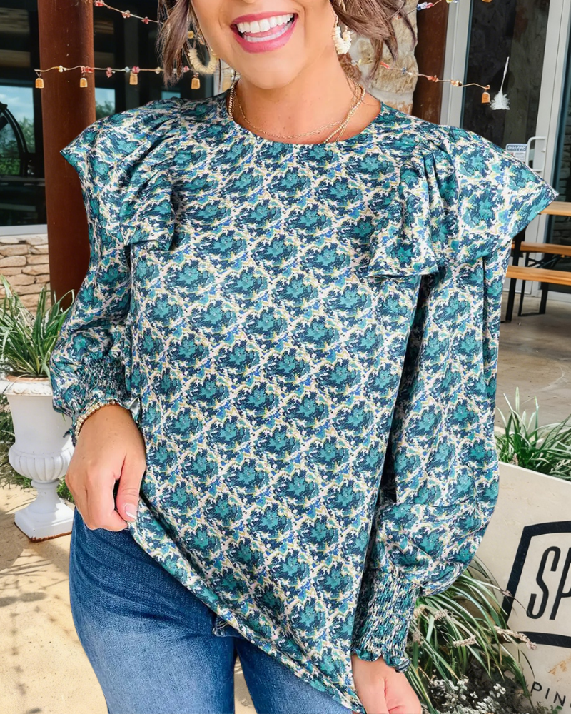 Abstract Print Ruffle Blouse