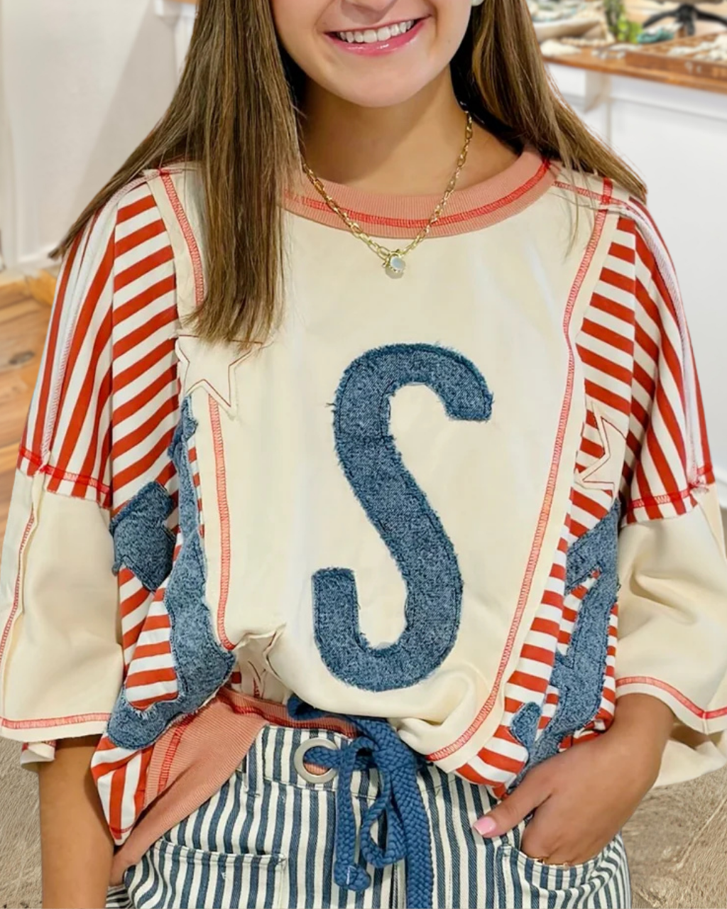 USA Embroidered Patch Striped Top