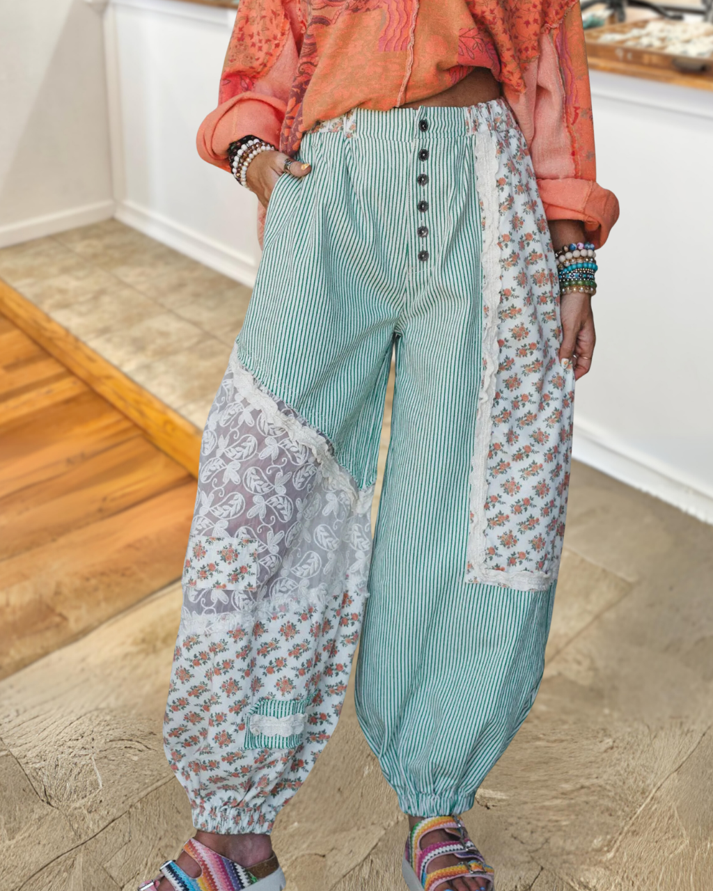 Floral Lace Patchwork Striped Pants