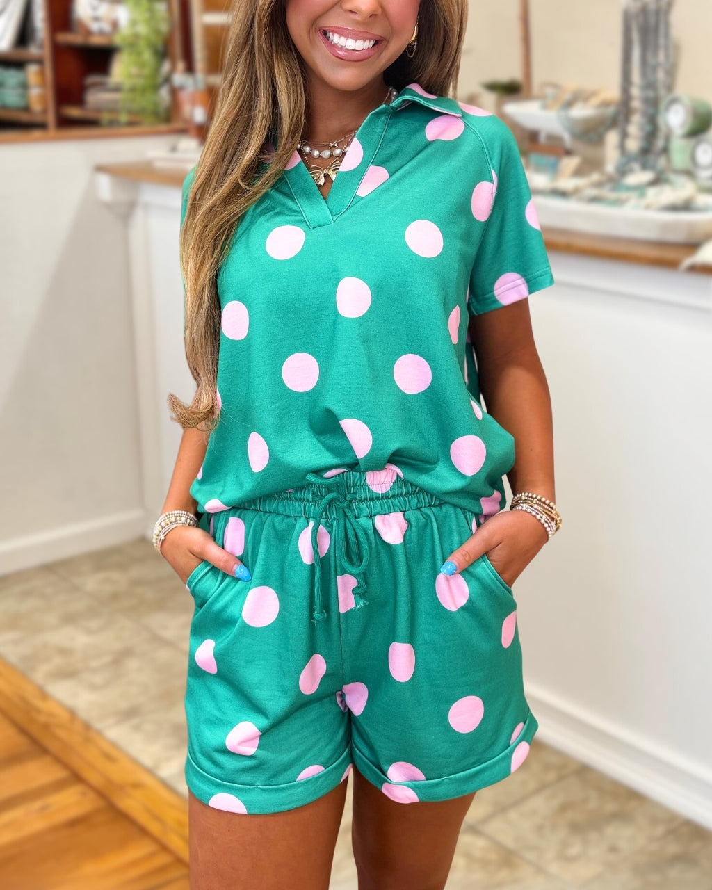 Color-blocked Polka Dot Shorts Set
