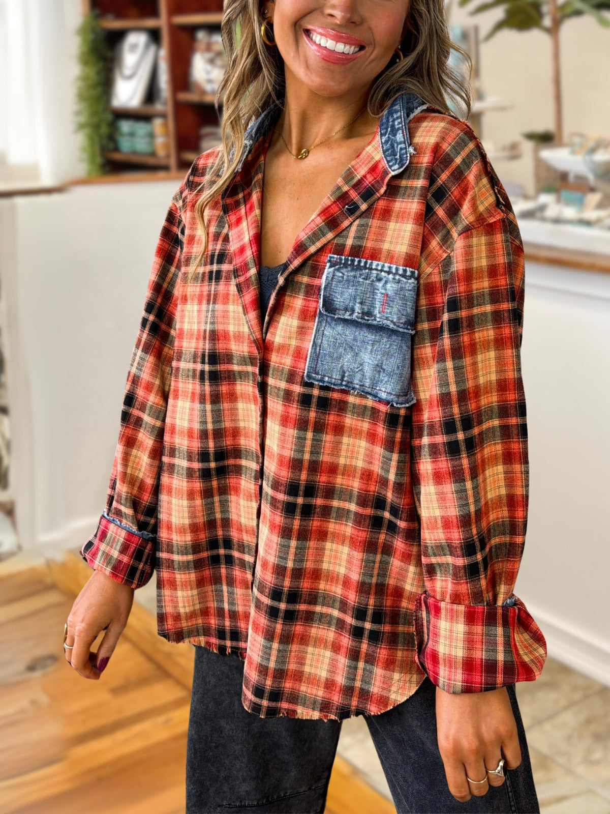Brushed Plaid Denim Patchwork Shirt