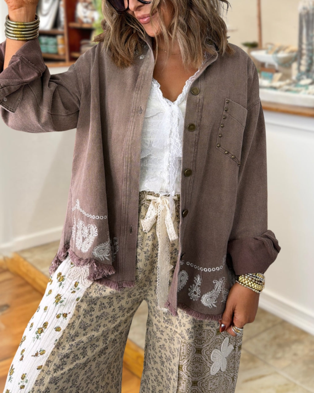 Paisley Studded Washed Raw-edge Jacket