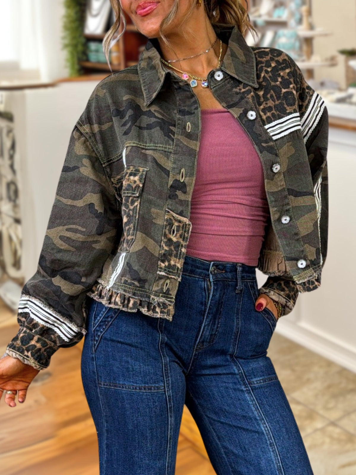 Leopard-Print Camouflage Webbing Jacket