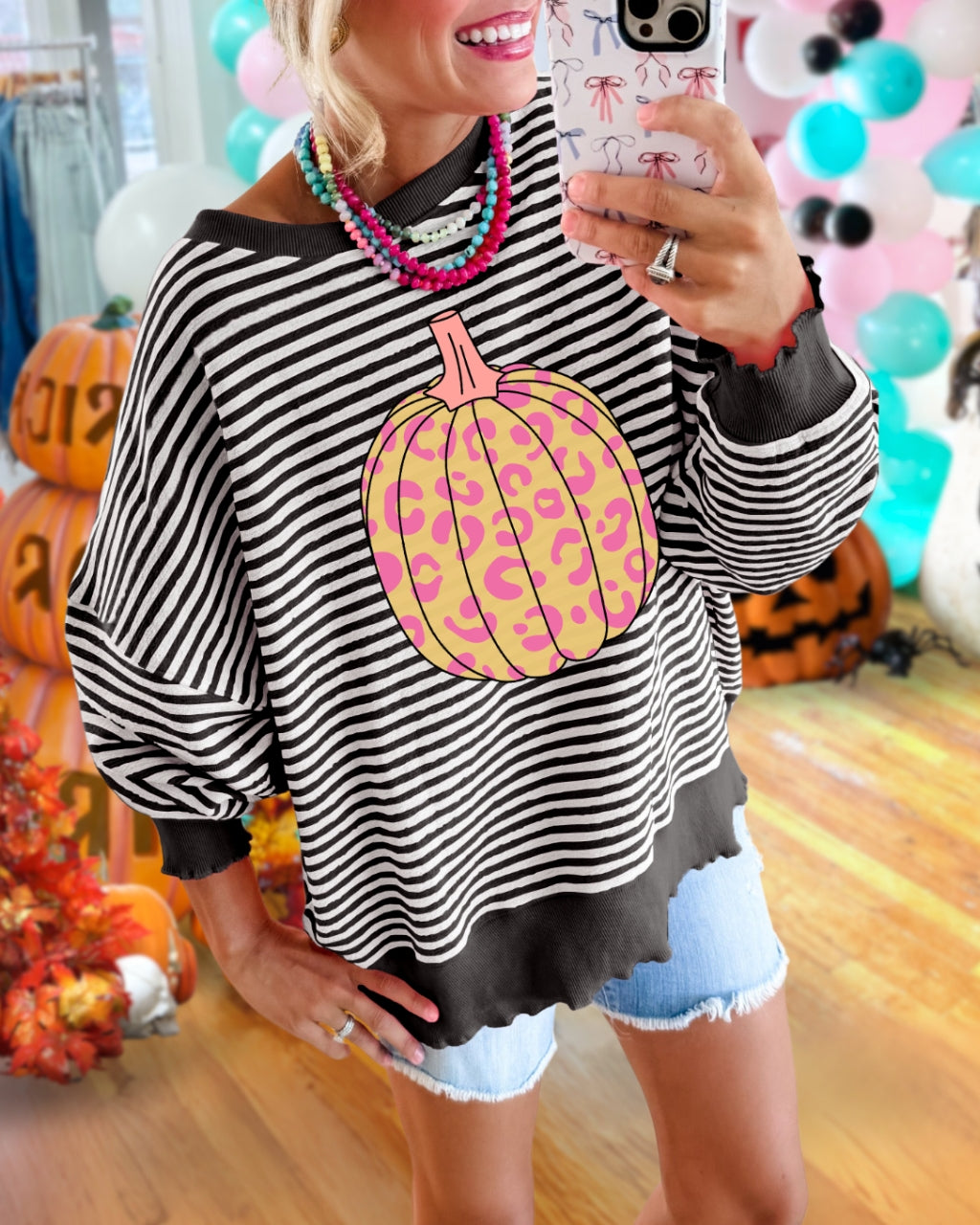 Fun Leopard Pumpkin Stripe Pullover