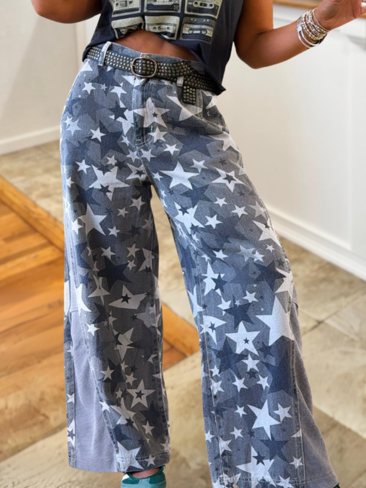 All-Over Star Print Wide Leg Jeans