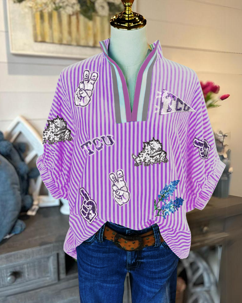 TCU Striped Sequined V-neck Top