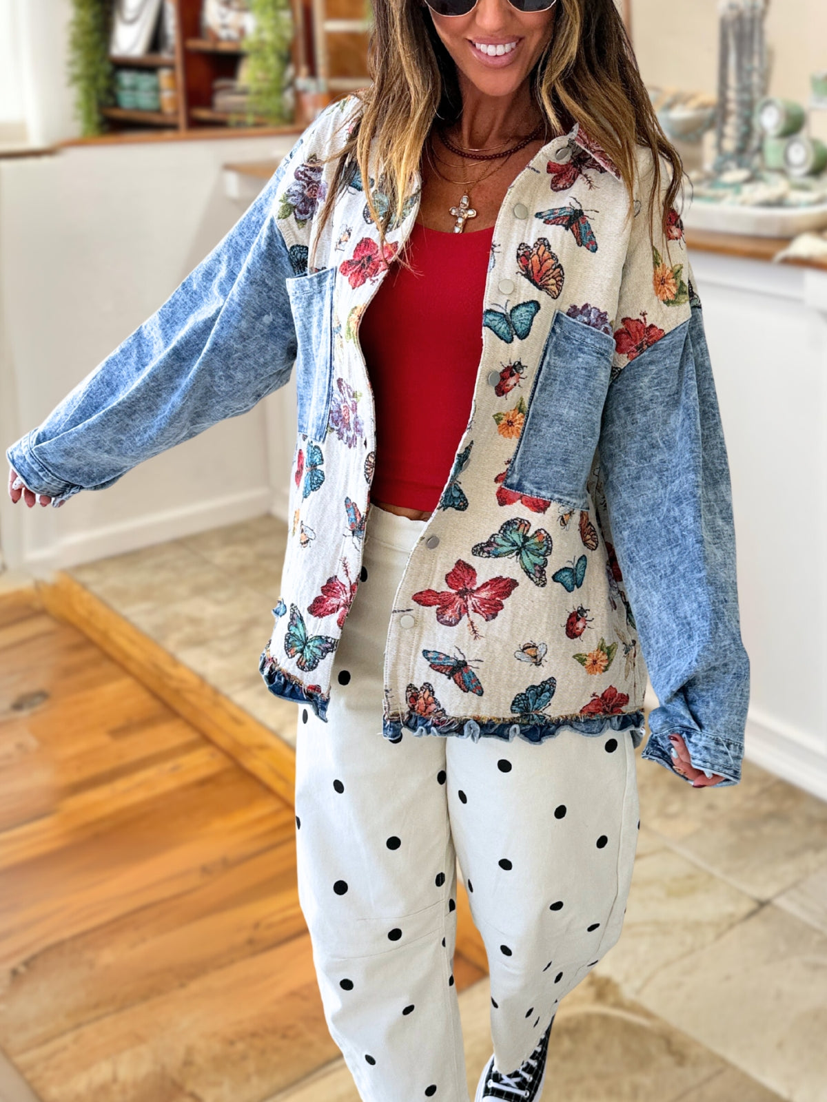 Colorful Butterfly Print Washed Distressed Jacket
