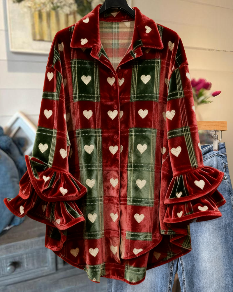 Heart Plaid Velvet Blouse